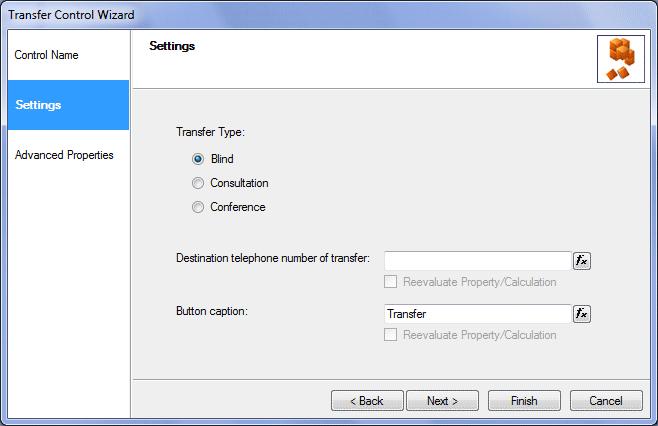 Settings Page In the Settings window of the Transfer control, select the transfer type Transfer Type Description Blind Consultation Conference Select to instigate a blind transfer, i.e. to transfer the call without waiting for the recipient to answer.