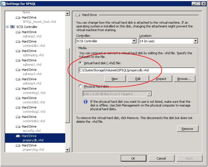 Figure 16. Cluster shared volume location The virtual machine can be configured to use that path to place the virtual disk on the shared volume, as shown in Figure 17.