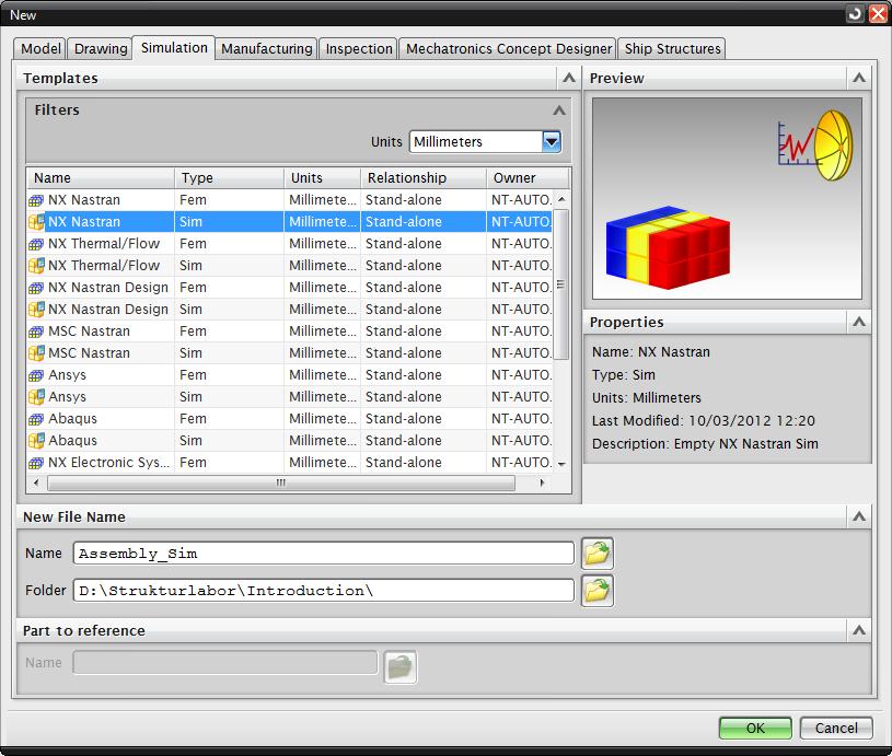2.4 Constraints In order to apply the constraints on the model, the creation of a.sim file is required. To do so click New NX Nastran Sim, give a suitable name and click OK.