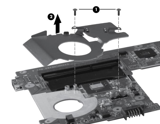 2. Remove the heat sink (2) by lifting straight up from the system board.