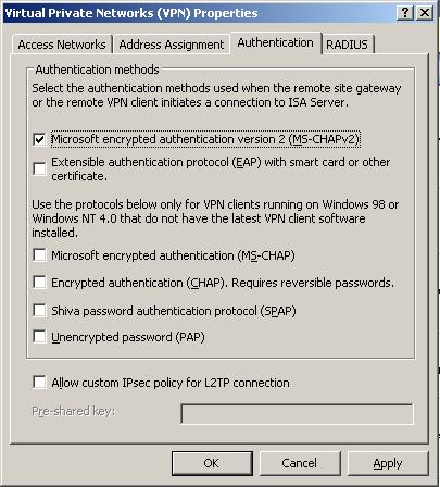 etoken and ISA, OTP Solutions CHAPTER 3 95 8 Select Microsoft encrypted authentication version 2 (MS-CHAPv2) and click OK. The ISA Server console is displayed.
