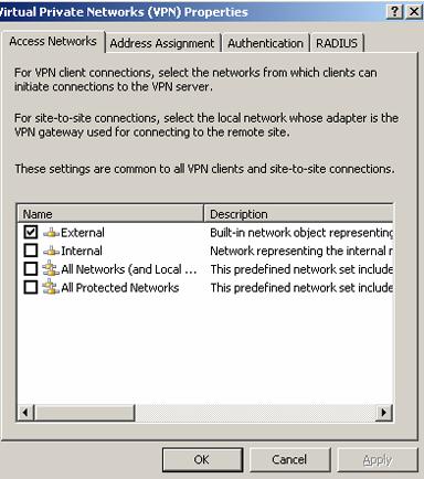 etoken and ISA: PKI Solution 17 20 Select the External interface. This is where the VPN client connections are allowed to connect to.