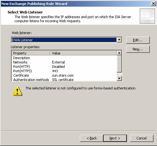The ISA Server pop up screen is displayed.