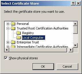 4 Click Next, and select Place all certificates in the following store. 5 Click Browse, select Show physical stores.