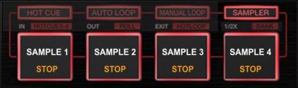 Sampler mode Press the SAMPLER mode button to set the PADs to Sampler mode. Each one of the 4 pads triggers a sample from the selected Sampler Bank of VirtualDJ.