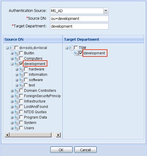 3. Click Add OU Synchronization. A dialog box is displayed, as shown in Figure 2-17. Figure 2-17 Associating the source DN with the target department 4. Set Source DN and Target Department. Click OK.