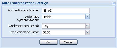 Figure 2-18 External authentication source list 3. Click in MS_AD. The Auto Synchronization Settings dialog box is displayed, as shown in Figure 2-19. Figure 2-19 Synchronization settings 4.