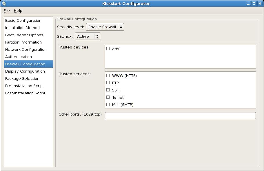 Chapter 32. Kickstart Configurator Figure 32.10. Firewall Configuration If Disable firewall is selected, the system allows complete access to any active services and ports.