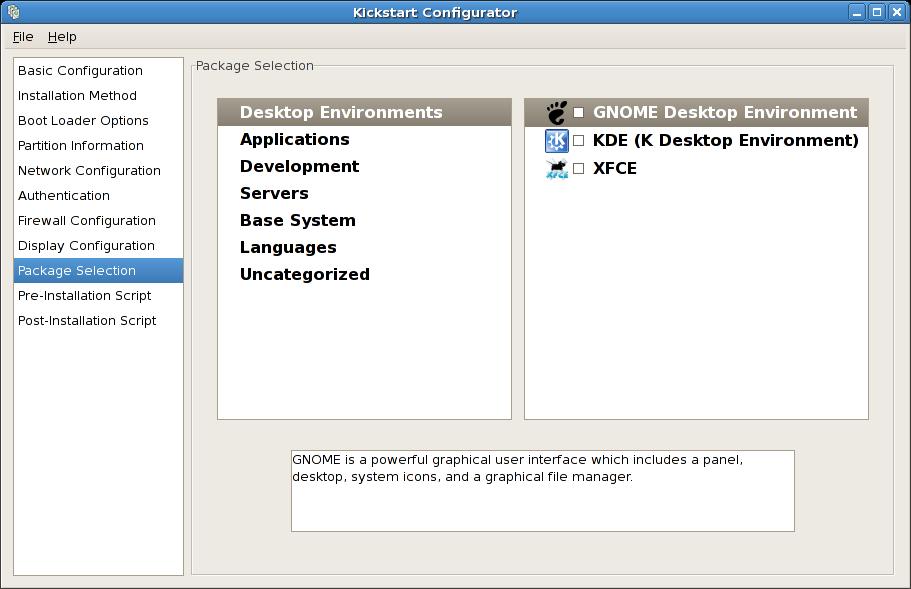 Chapter 32. Kickstart Configurator Figure 32.14. Package Selection The Package Selection window allows you to choose which package groups to install. Package resolution is carried out automatically.