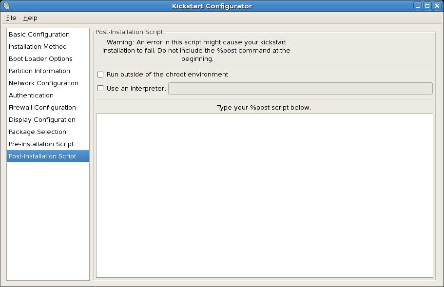 Installation Guide Figure 32.16. Post-Installation Script You can also add commands to execute on the system after the installation is completed.