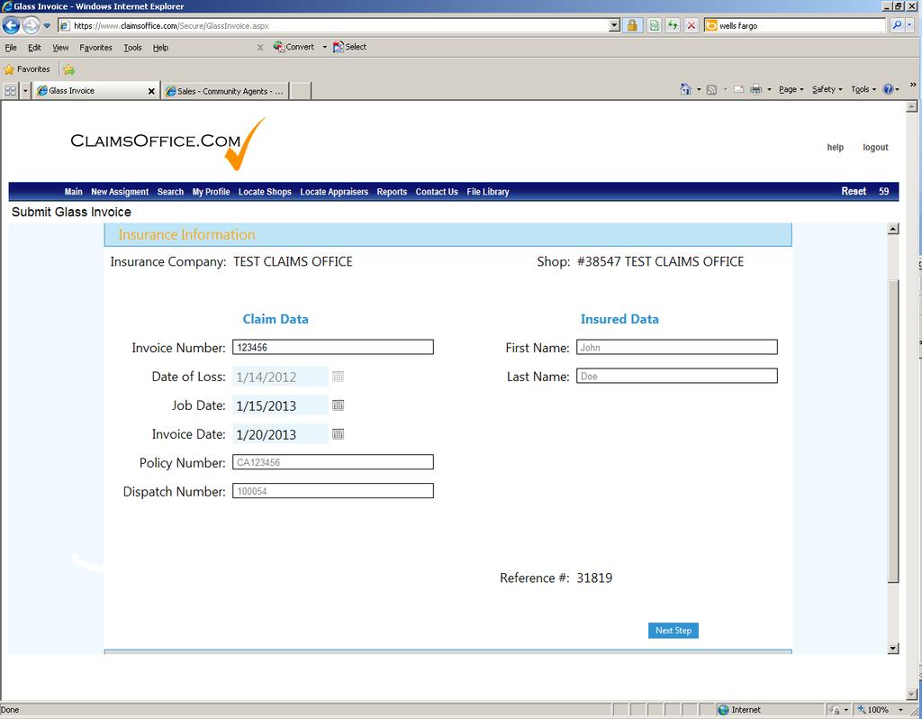 On the Insurance Information screen, enter your invoice number, job date, and invoice date.