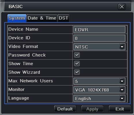 Fig 4-3 basic configuration-basic Step2: in this interface user can setup the device name, device ID, video format, max network users, VGA resolution and language.