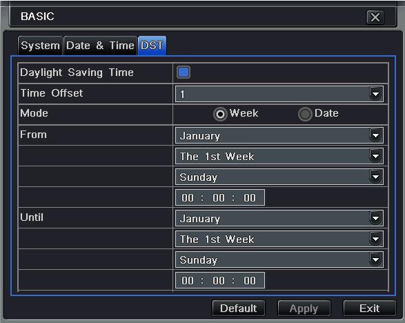 Fig 4-5 basic configuration-dst Step2: in this interface, enable daylight saving time, time offset, mode, start & end month/week/date, etc.