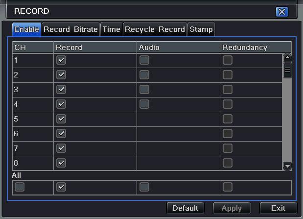 Fig 4-11 record configuration-enable Step2: tick off record, audio and record time Step3: user can setup all channels with same parameters, tick off all, then to do relevant setup.