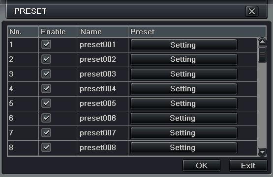 Fig 4-39 advance-preset setting a. in the preset set interface, click Setting button, a dialog will pop-up as Fig 3-40: Fig 3-40 preset set-setting b.