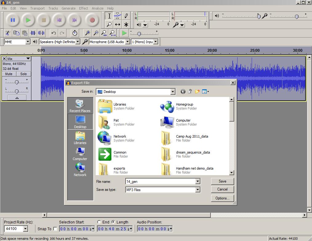 In this example, I am recording lecture number 14 in my General Class series. Since I have already saved the project with the file name 14_gen.aup, I am now ready to export the file to MP3 format.