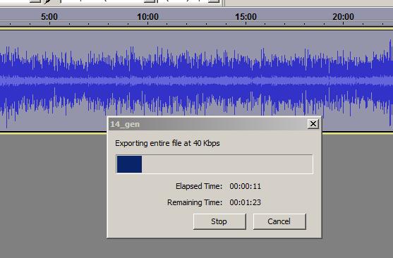 In this screenshot, you can see the export process underway. The quality level I have chosen for spoken word audio is 40 Kbps.