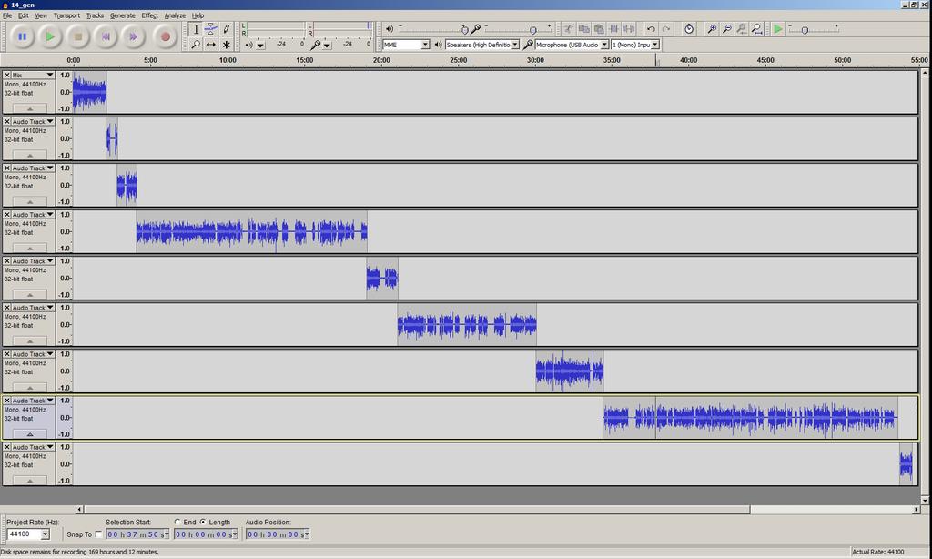 The screenshot shows an audio lecture that I have made on rectifiers for my General Class students. It is in its most basic raw format, and you can see that there are nine separate tracks.