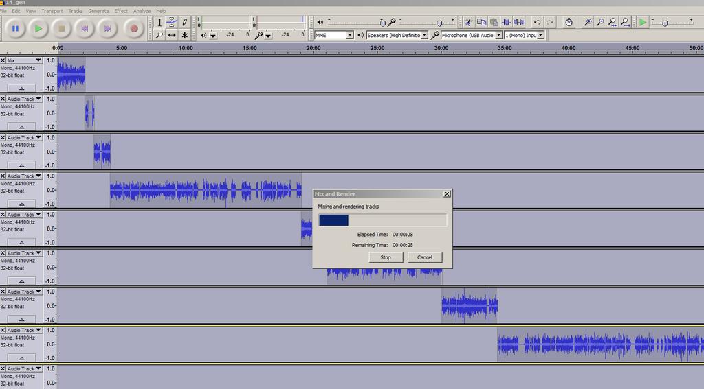 My next step is to select all of the tracks and turn them into one single track. Remember, the audio from these tracks cannot overlap.