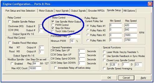 Ports&Pins configuration screenshot 2. Go to Config / Ports&Pins / Spindle Setup.