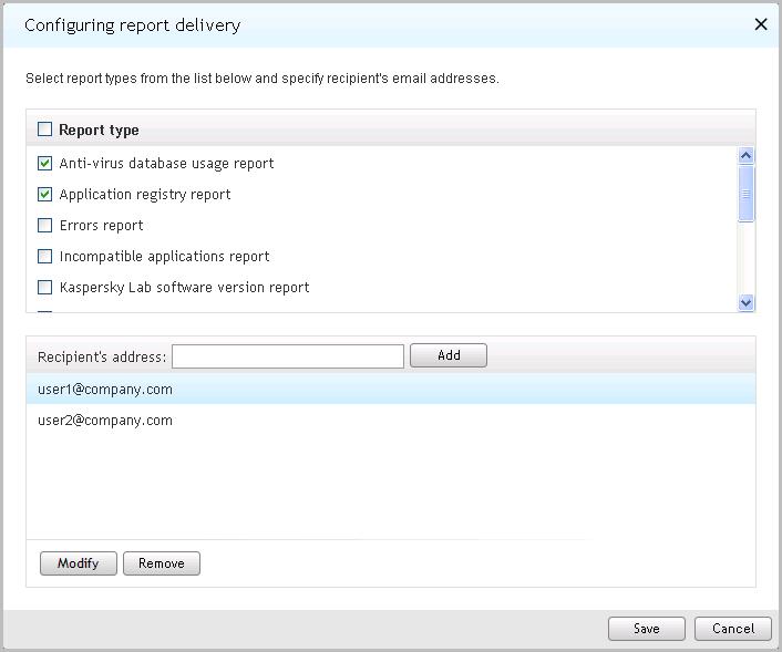 U S E R G U I D E Figure 27. Configuring report delivery 4. In the list of reports, select the check boxes next to reports that you want to include in the delivery.