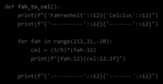 The function fah_to_cel() def fah_to_cel(): print(f"{'fahrenheit':>12}{'celcius':>12}") print(f"{'----------':>12}{'-------':>12}") for fah in range(212,31,-20): cel = (5/9)*(fah-32)