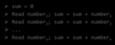 Accumulating Algorithm Once Again Reads each of the n numbers and calculate the sum: sum = number 1 +