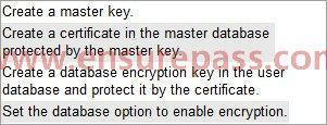 You also need to encrypt the transaction log files. Which four actions should you perform in sequence?