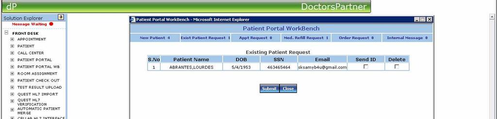 Existing Patient Request: This screen gives a list of all existing patients who requested for their portal ID To send a portal id click on the send id