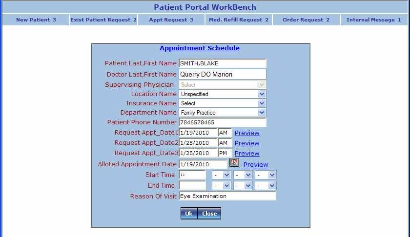 appointment date, Reason of visit and also preview your appointment schedule to check for any
