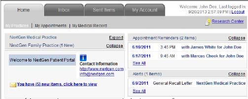 NextMD Patient Portal Features 1. Contents Pane- enables you to access all the pages in the patient portal website. Using the tabs and links will help you navigate through the portal.