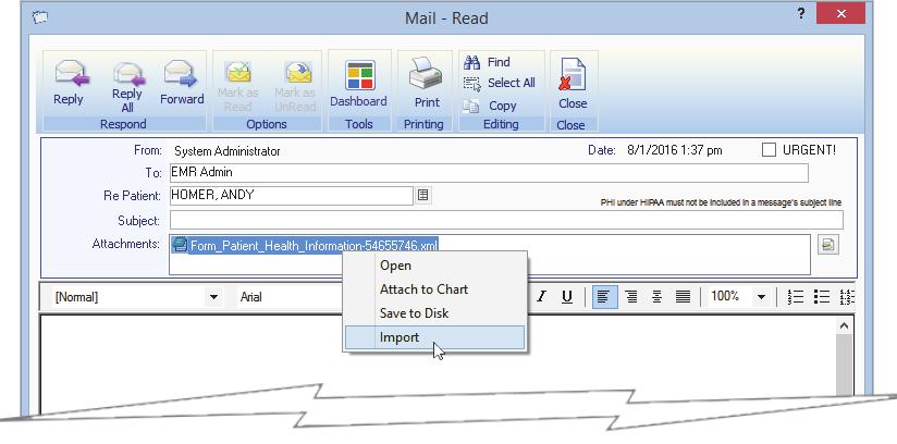 The system sends a Mail message to the practice with an XML file attached (Figure 4.15).