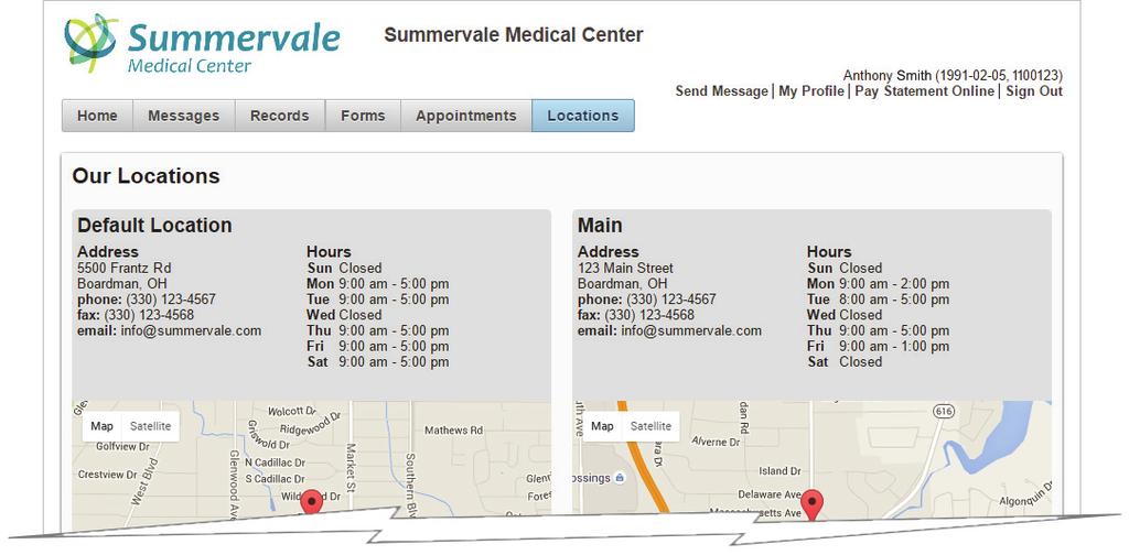 information, hours and directions to the locations you make visible on the Patient Portal.