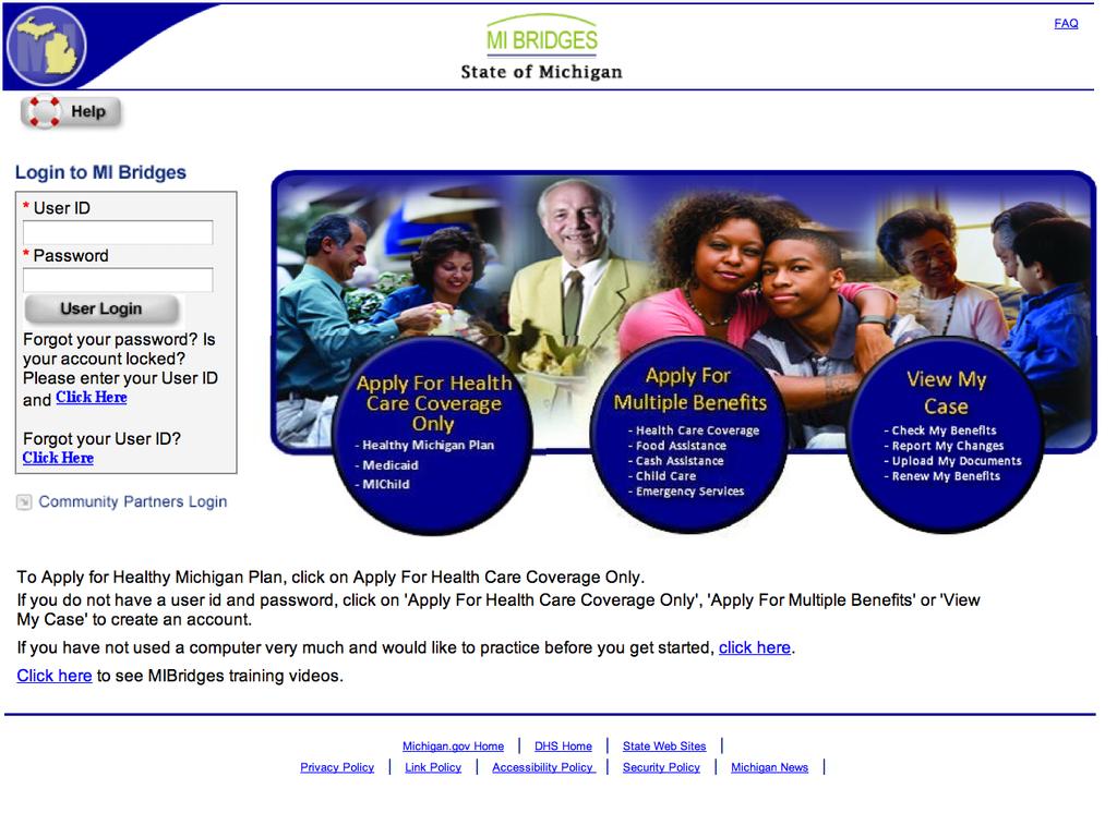MI Bridges Home Page Clients may click here if they are only planning on applying for healthcare.
