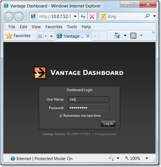 Monitoring the Domain with Vantage Dashboard Managing Vantage Dashboard Sessions 273 Vantage Dashboard logs onto the selected domain, and prompts you for your Vantage user login information.