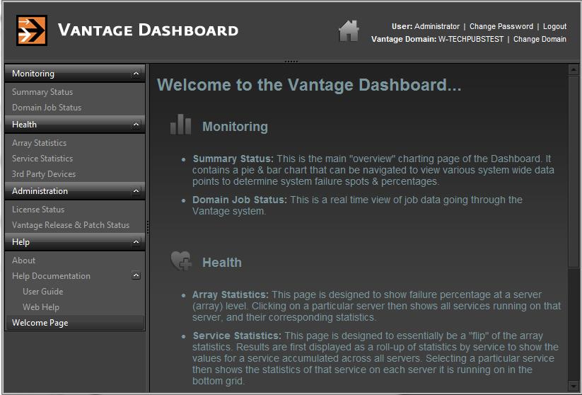 274 Monitoring the Domain with Vantage Dashboard Managing Vantage Dashboard Sessions Understanding the Vantage Dashboard Display Upon successful login, Vantage Dashboard displays the welcome screen