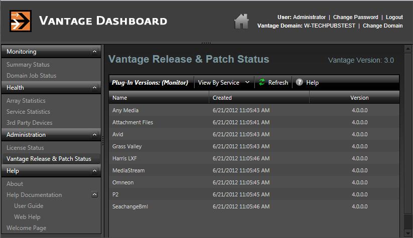 Monitoring the Domain with Vantage Dashboard Managing Servers 281 Figure 81. Release and Patch Status View By Service Refresh The default page shows the plug-in modules for the Monitor service.