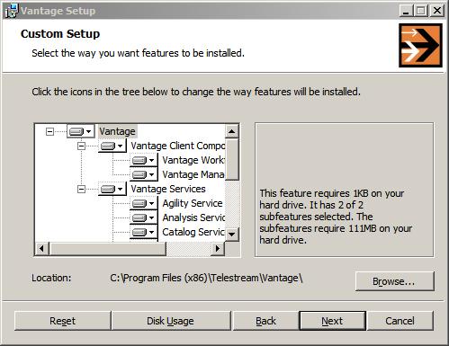 Installing and Upgrading Vantage Installing a Vantage Distributed Domain 73 Figure 5. Custom Setup Dialog 11.
