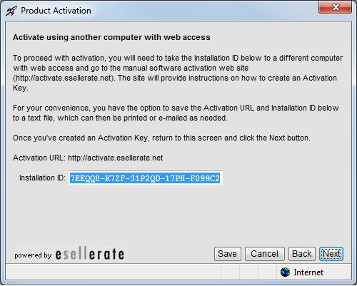 Vantage displays the Activate Using Another Computer dialog, along with the installation ID for your license (sample ID displayed): 3.