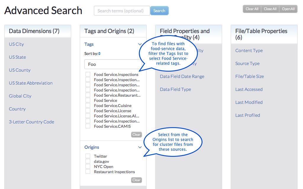 Shutting down the cluster Searching with facets Use the Global Search text box on the top of the page to do keyword searches across your cluster metadata, including searching on file and field names,