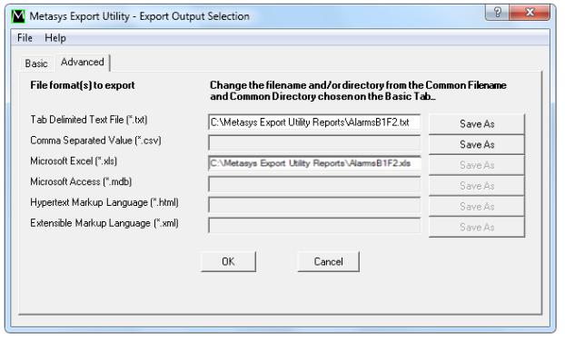 Figure 21: Export Output Selection - Advanced Tab Note: The directory path, including the file name, is limited to a maximum of 260 characters for an export to be successful.