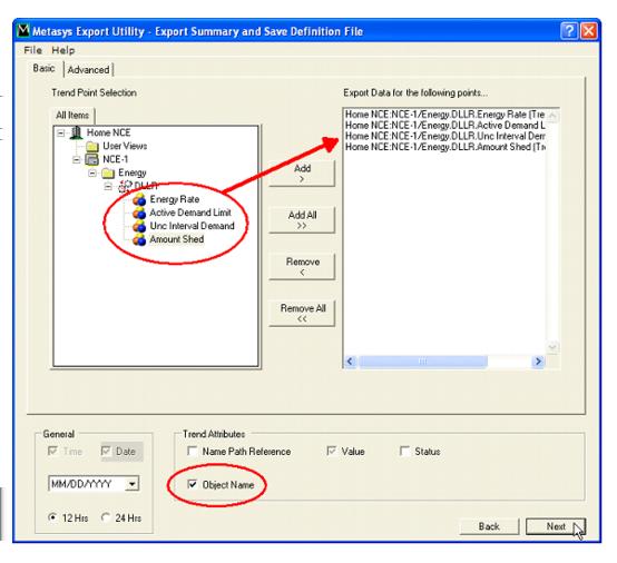 7. Do the following in the Export Summary and Save Definition File window (Figure 33): Select the four trend extensions (Energy Rate, Active Demand Limit, Unc.