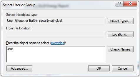 Figure 44: Select User or Group Window 10. A credentials window appears and prompts for the user's credentials. Enter your Windows credentials and click OK.