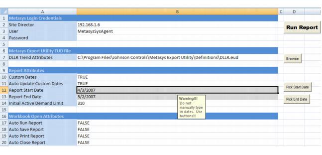The Report Start and End Dates cells contain validation to warn against entering dates manually (Figure 2).