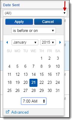 Is before Is before or on Is after Is after or on Between For example, you only want to view items that were sent before or on 7 AM on January 21, 2015.