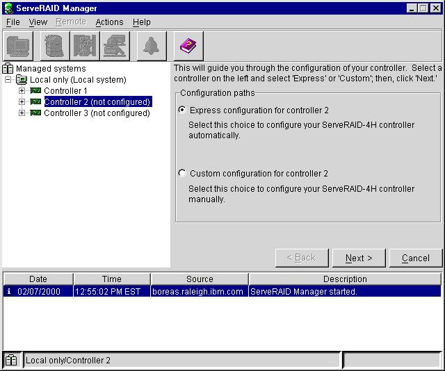 102AGM3D Figure 3. Configuration mode window 2. In the Main Tree, click the ServeRAID controller that you want to configure.