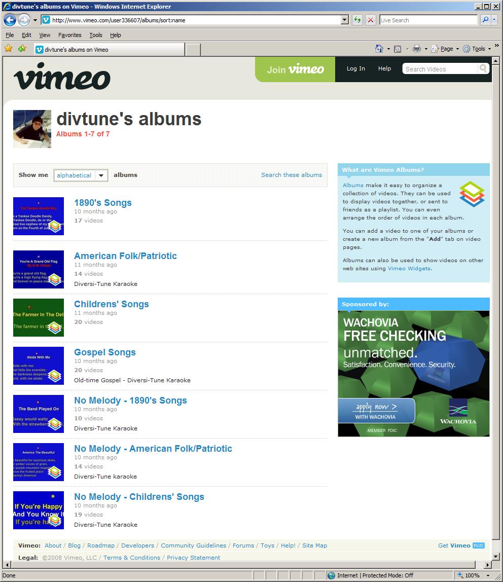 "DIVTUNE'S ALBUMS" AT THE VIMEO WEB SITE Another karaoke Web site that we love is located at http://www.vimeo.