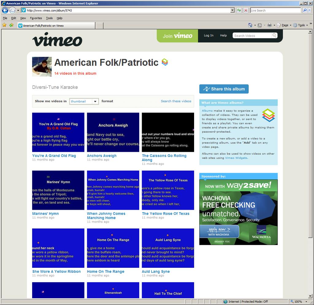 Start off by clicking on one of the albums icons. For example, click on "American Folk/Patriotic". You will now see links to various karaoke video:.