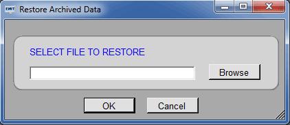 Restore Use the restore function to bring any archived data back into the active database. From the home screen, select File > Restore as shown below.