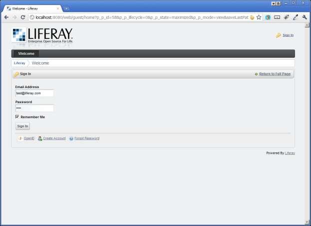 Default credentials are: Username: test@liferay.